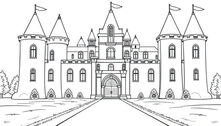 Un château en noir et blanc prêt à être colorié, avec des drapeaux et des tours, faisant partie d'un color panel.