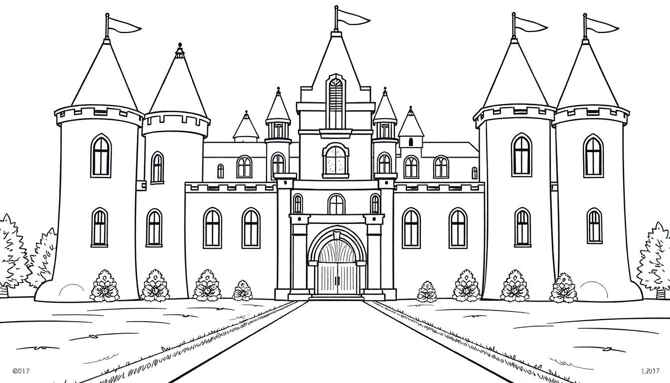 Un château en noir et blanc prêt à être colorié, avec des drapeaux et des tours, faisant partie d'un color panel.