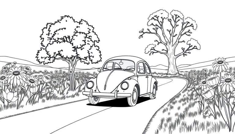 Dessin au trait d'une Volkswagen Coccinelle sur une route de campagne fleurie, style livre de coloriage. Color panel.