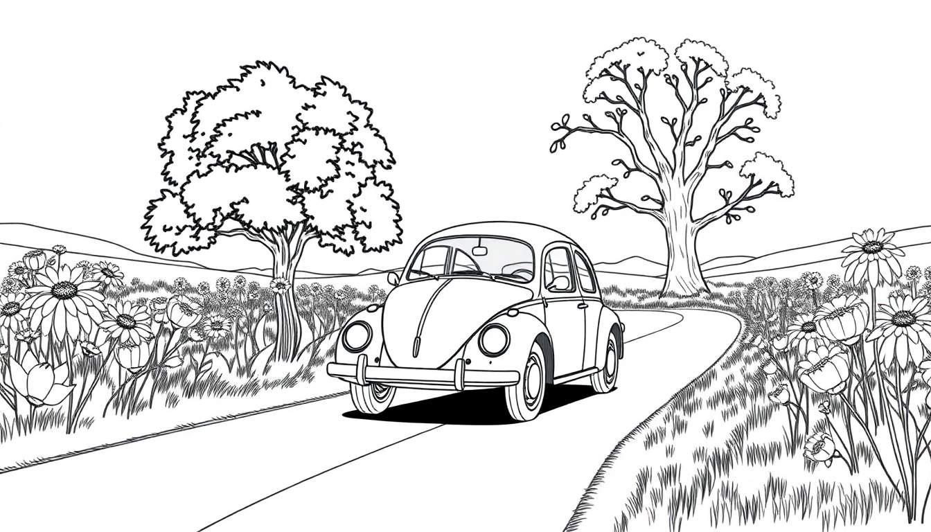 Dessin au trait d'une Volkswagen Coccinelle sur une route de campagne fleurie, style livre de coloriage. Color panel.