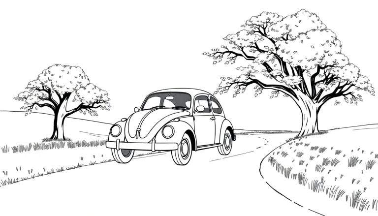Dessin au trait en noir et blanc d'une Coccinelle Volkswagen classique sur une route de campagne, entourée d'arbres. Un color panel pour enfants.