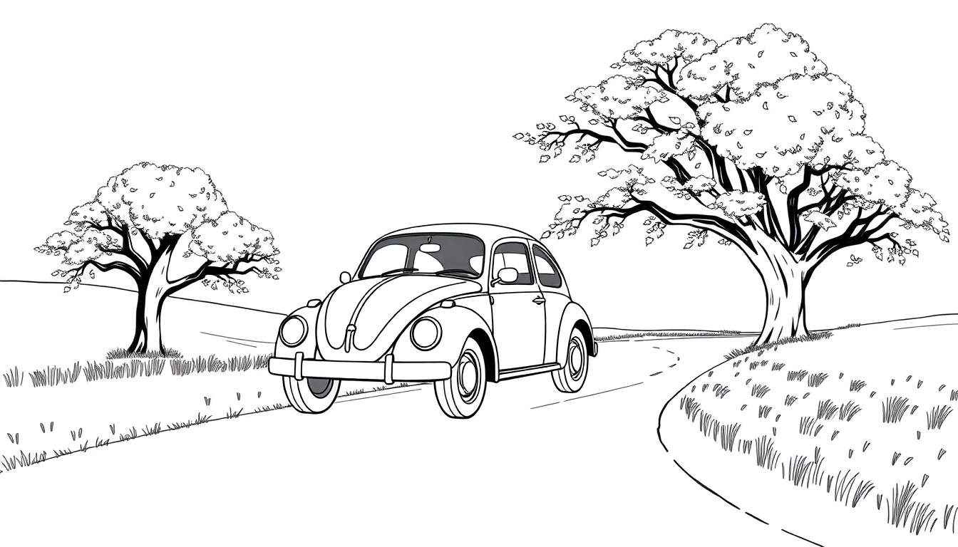 Dessin au trait en noir et blanc d'une Coccinelle Volkswagen classique sur une route de campagne, entourée d'arbres. Un color panel pour enfants.