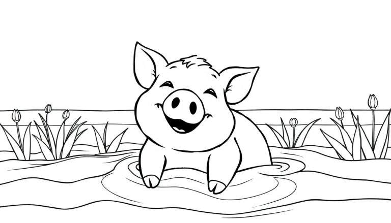 Un cochon heureux qui barbotte dans l'eau, avec des plantes aquatiques.