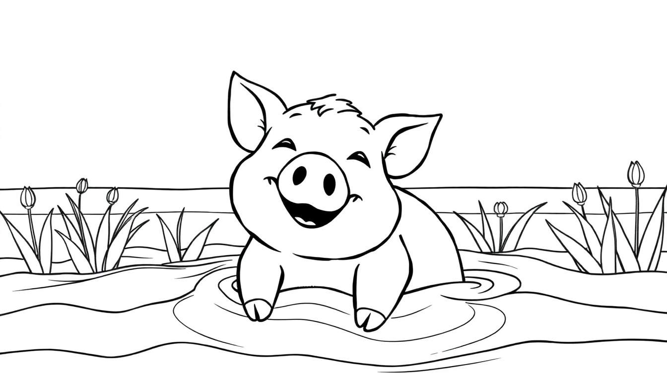 Un cochon heureux qui barbotte dans l'eau, avec des plantes aquatiques.
