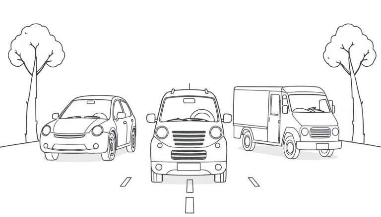 Une page de coloriage au trait noir et blanc avec une voiture, une petite voiture et un camion de livraison sur une route entourée d'arbres. La scène est une page de coloriage, un color panel pour enfants.