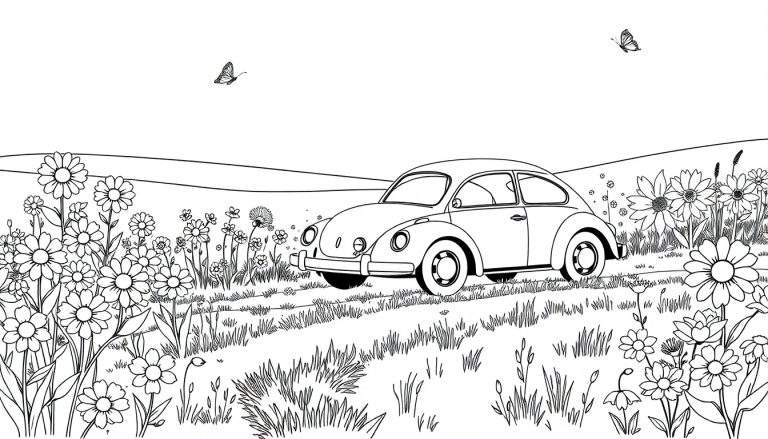 Dessin au trait noir et blanc d'une Coccinelle Volkswagen dans un champ de fleurs avec des papillons, prêt pour un color panel.