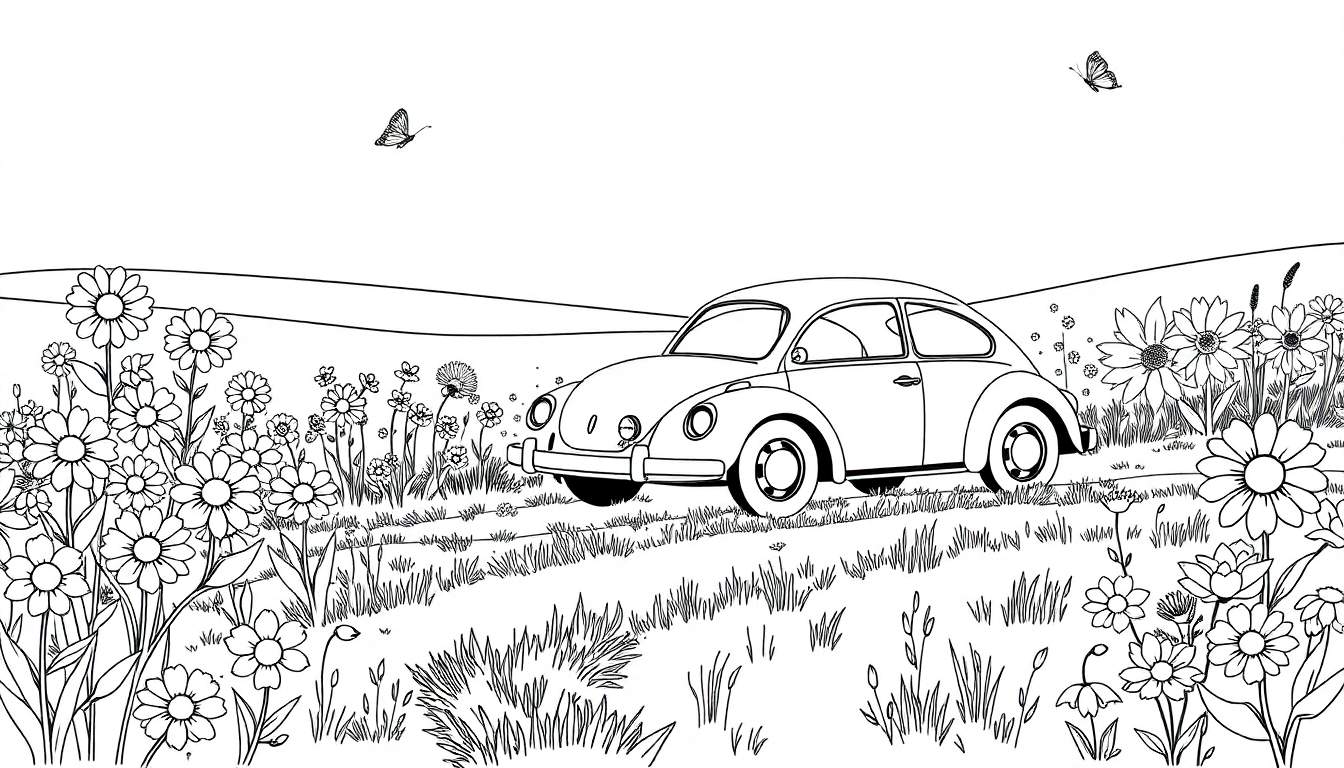 Dessin au trait noir et blanc d'une Coccinelle Volkswagen dans un champ de fleurs avec des papillons, prêt pour un color panel.