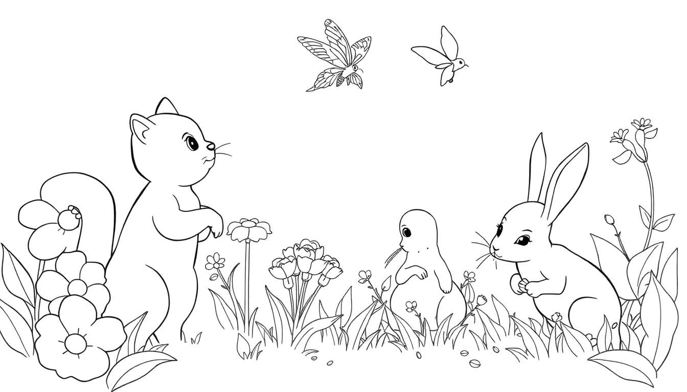 Une page de coloriage en noir et blanc d'un color panel montrant un écureuil antropomorphisé, un lapin et un ourson mangeant une fleur, avec une abeille et un papillon dans le ciel.