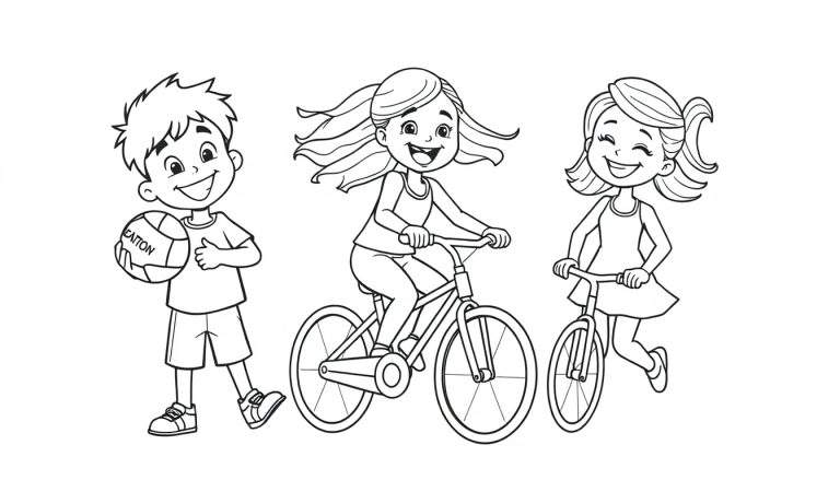 Un color panel avec trois enfants joyeux : un garçon tenant un ballon de volley-ball Eaton, une fille faisant du vélo et une autre fille sur un plus petit vélo.