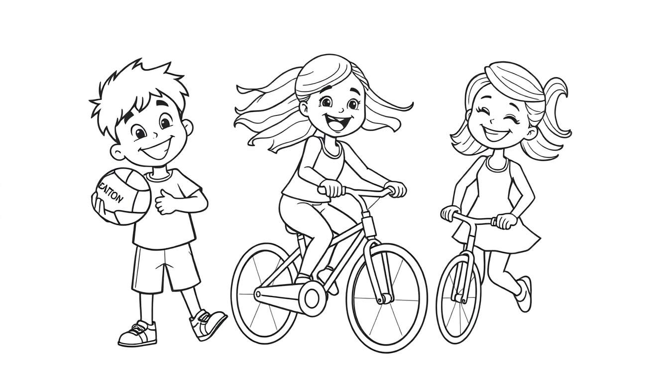 Un color panel avec trois enfants joyeux : un garçon tenant un ballon de volley-ball Eaton, une fille faisant du vélo et une autre fille sur un plus petit vélo.