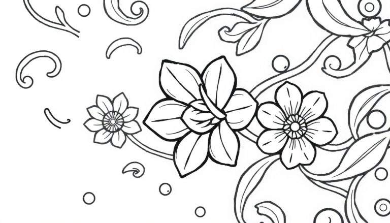 Un dessin au trait noir et blanc d'un arrangement floral avec des feuilles et des tourbillons, parfait pour un color panel.