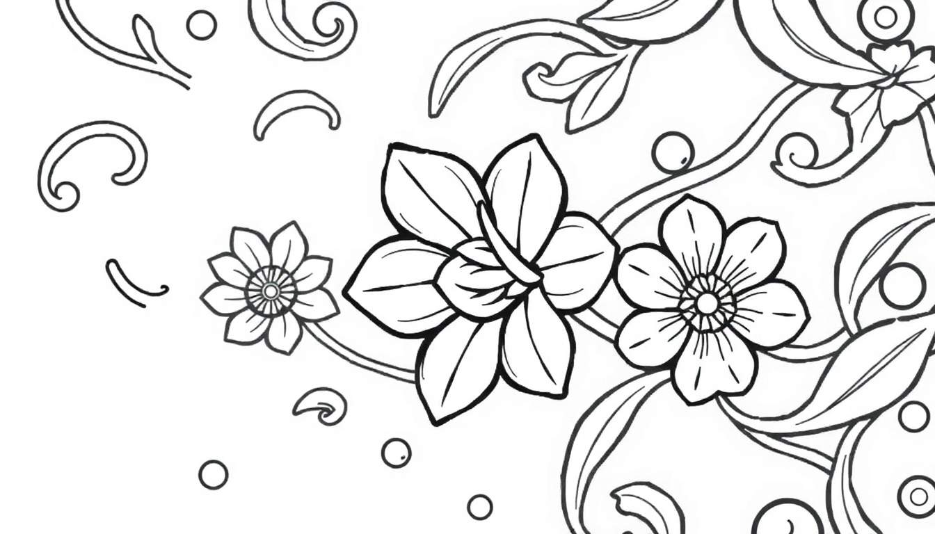 Un dessin au trait noir et blanc d'un arrangement floral avec des feuilles et des tourbillons, parfait pour un color panel.