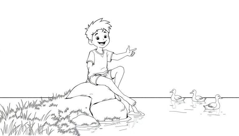 Page de coloriage en noir et blanc d'un enfant joyeux sur un color panel.