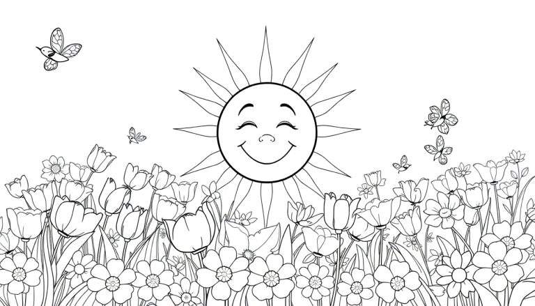 Dessin au trait noir et blanc d'un color panel avec un soleil souriant, des fleurs et des papillons.