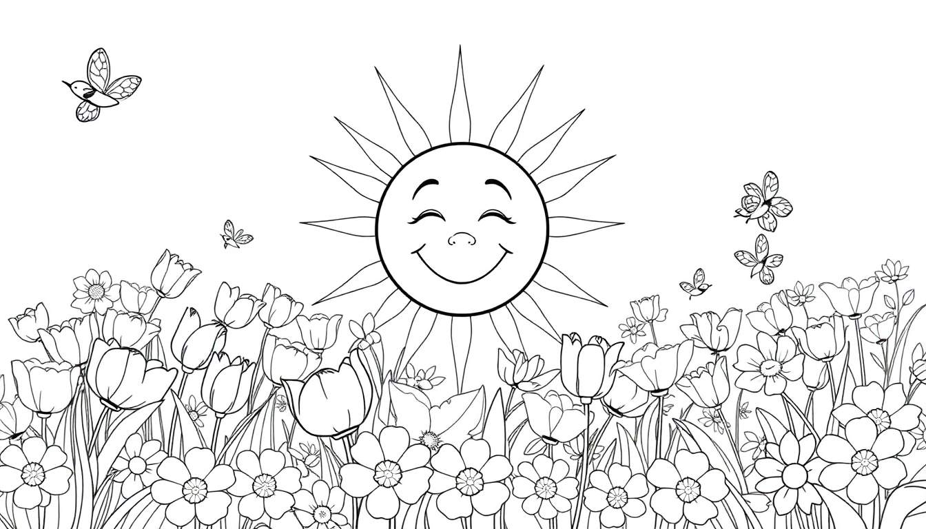 Dessin au trait noir et blanc d'un color panel avec un soleil souriant, des fleurs et des papillons.