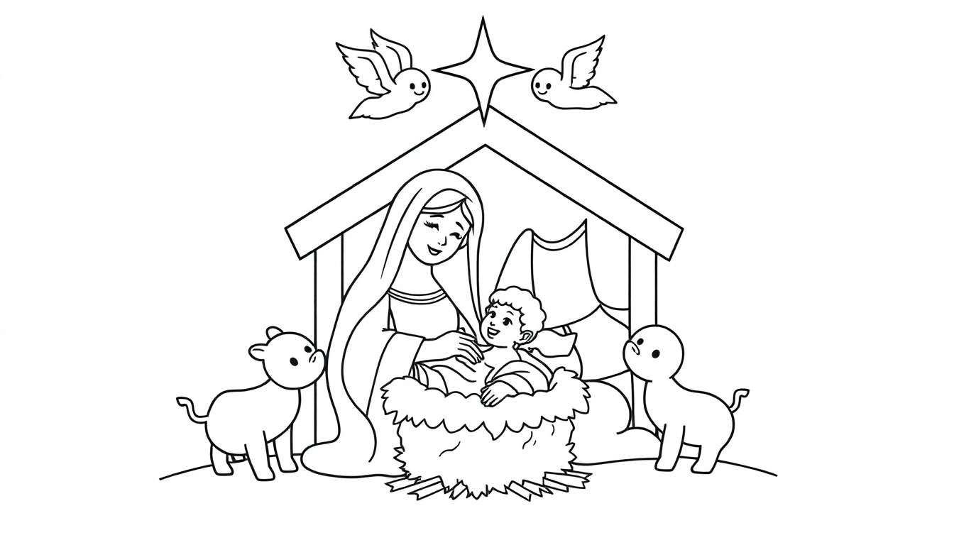 Dessin au trait noir et blanc d'une scène de la Nativité. Marie, bébé Jésus dans une mangeoire, des moutons, une étoile et des oiseaux. Color panel pour le coloriage.