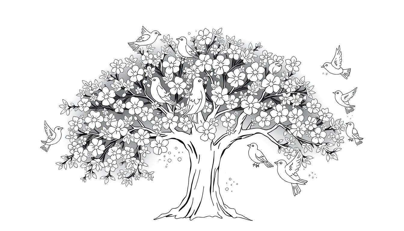 Un arbre noir et blanc avec des fleurs et des oiseaux, prêt pour un color panel.