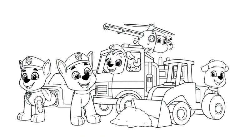 Dessin au trait des chiots de la Pat' Patrouille en action avec leurs véhicules, prêt pour un color panel.