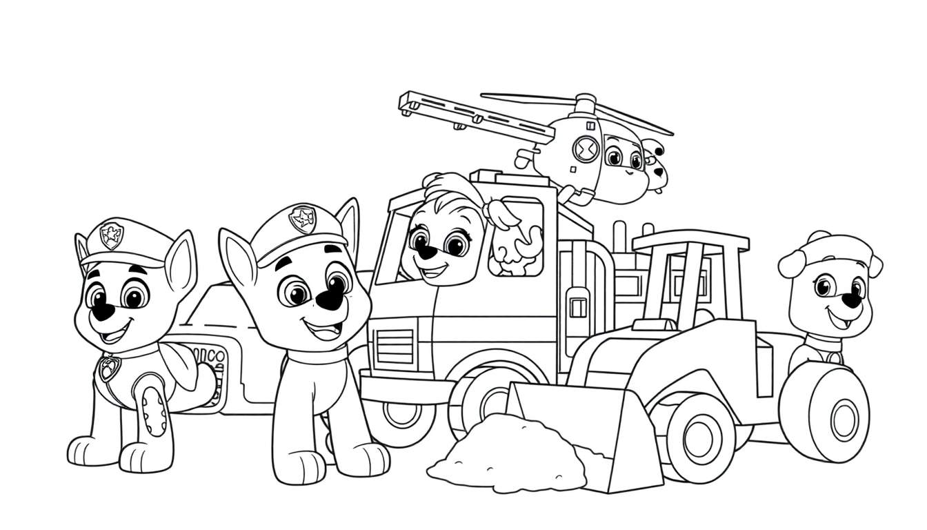 Dessin au trait des chiots de la Pat' Patrouille en action avec leurs véhicules, prêt pour un color panel.