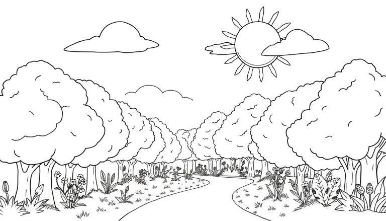 Dessin au trait d'une forêt joyeuse avec un chemin, des arbres, des fleurs, un soleil souriant et des nuages dans un color panel.