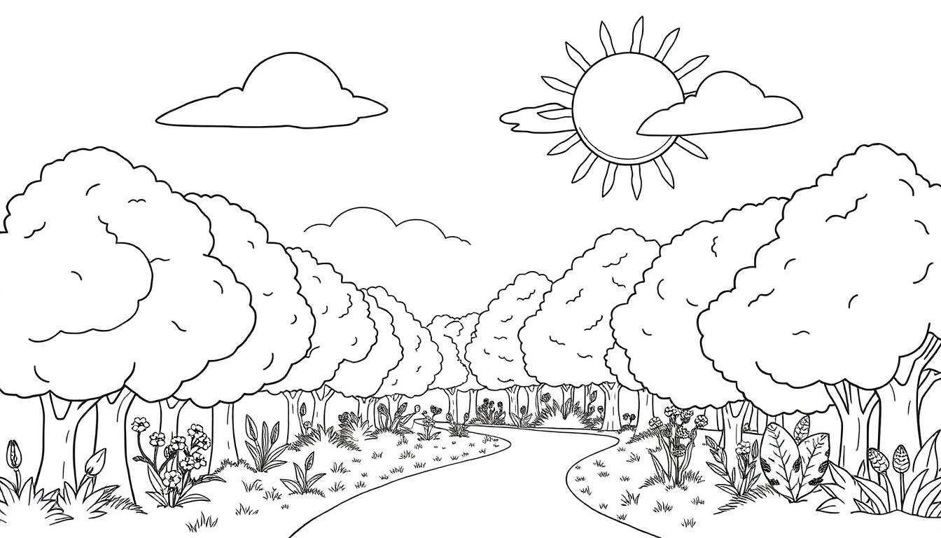 Dessin au trait d'une forêt joyeuse avec un chemin, des arbres, des fleurs, un soleil souriant et des nuages dans un color panel.
