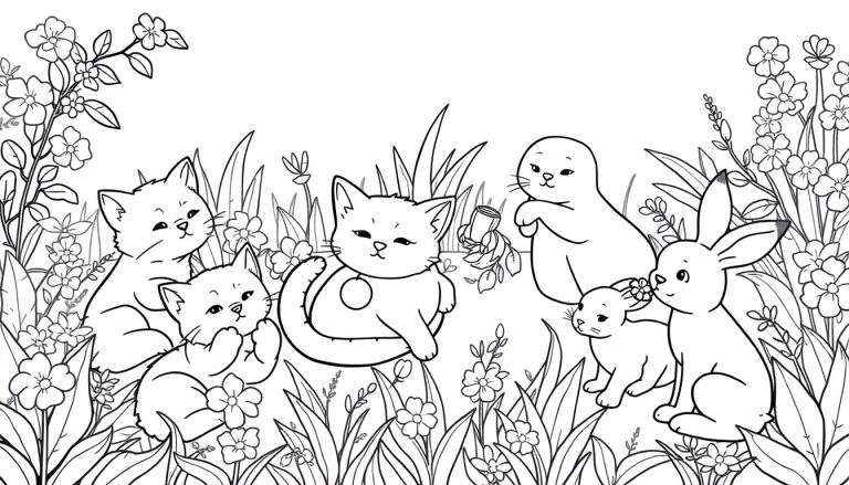 Un dessin au trait d'un color panel de prairie avec des chatons, un phoque et des lapins entourés de fleurs.