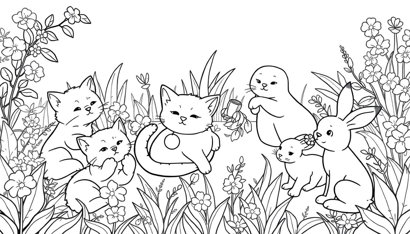 Un dessin au trait d'un color panel de prairie avec des chatons, un phoque et des lapins entourés de fleurs.