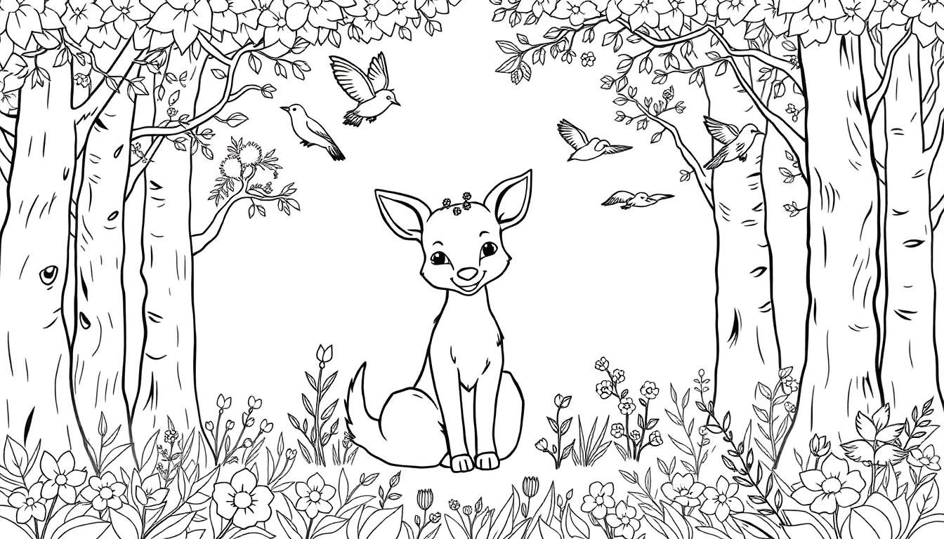 Un adorable faon entouré de fleurs dans une forêt enchantée, un color panel parfait pour le dessin.