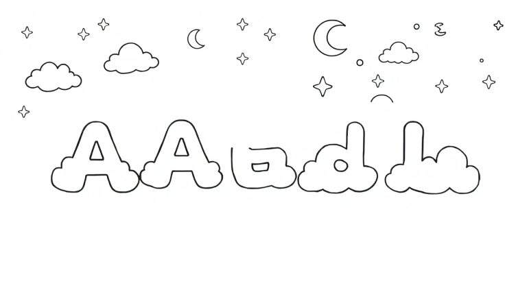 Dessin au trait noir et blanc de lettres flottant sur des nuages avec des étoiles et des lunes, faisant partie d'un color panel.