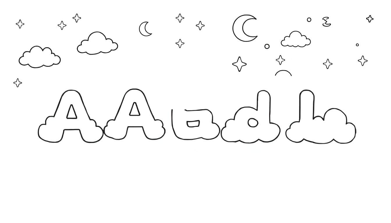 Dessin au trait noir et blanc de lettres flottant sur des nuages avec des étoiles et des lunes, faisant partie d'un color panel.