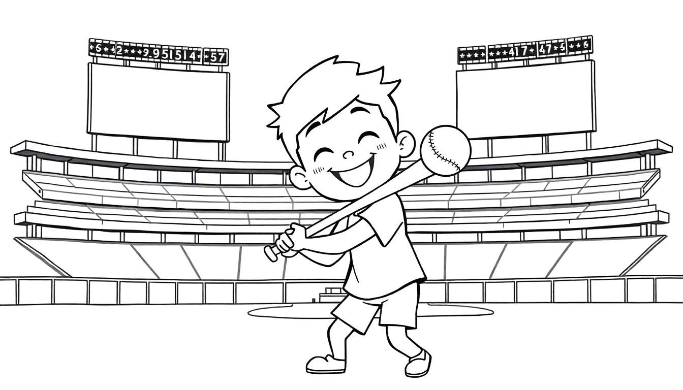 Un dessin au trait d'un garçon souriant avec une batte de baseball devant un stade, prêt à colorier dans ce color panel.