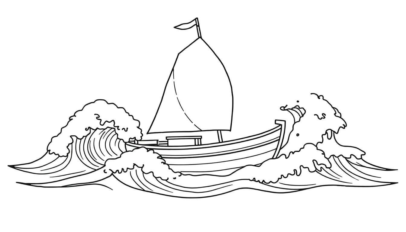 Dessin au trait noir et blanc d'un voilier sur des vagues orageuses, prêt pour le color panel.