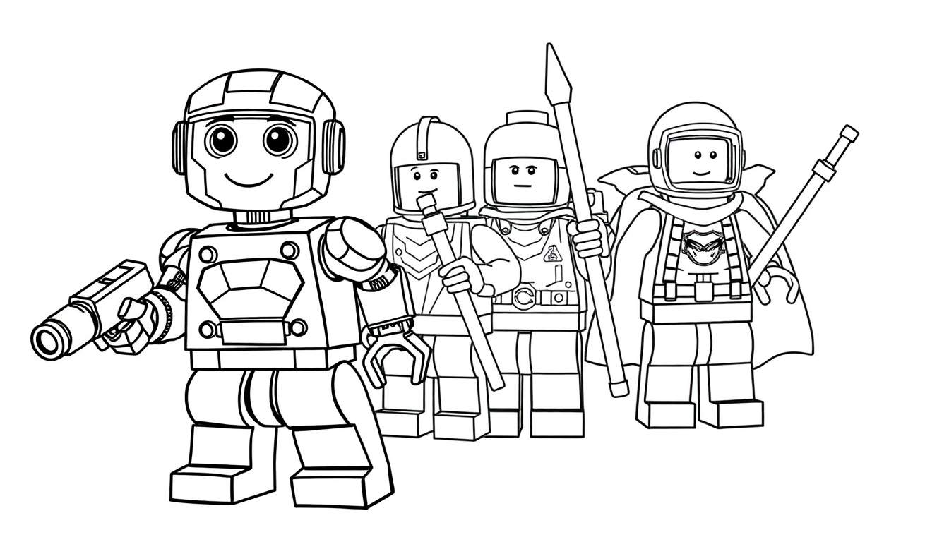 Figurines Lego : robot futuriste et chevaliers sur un color panel.