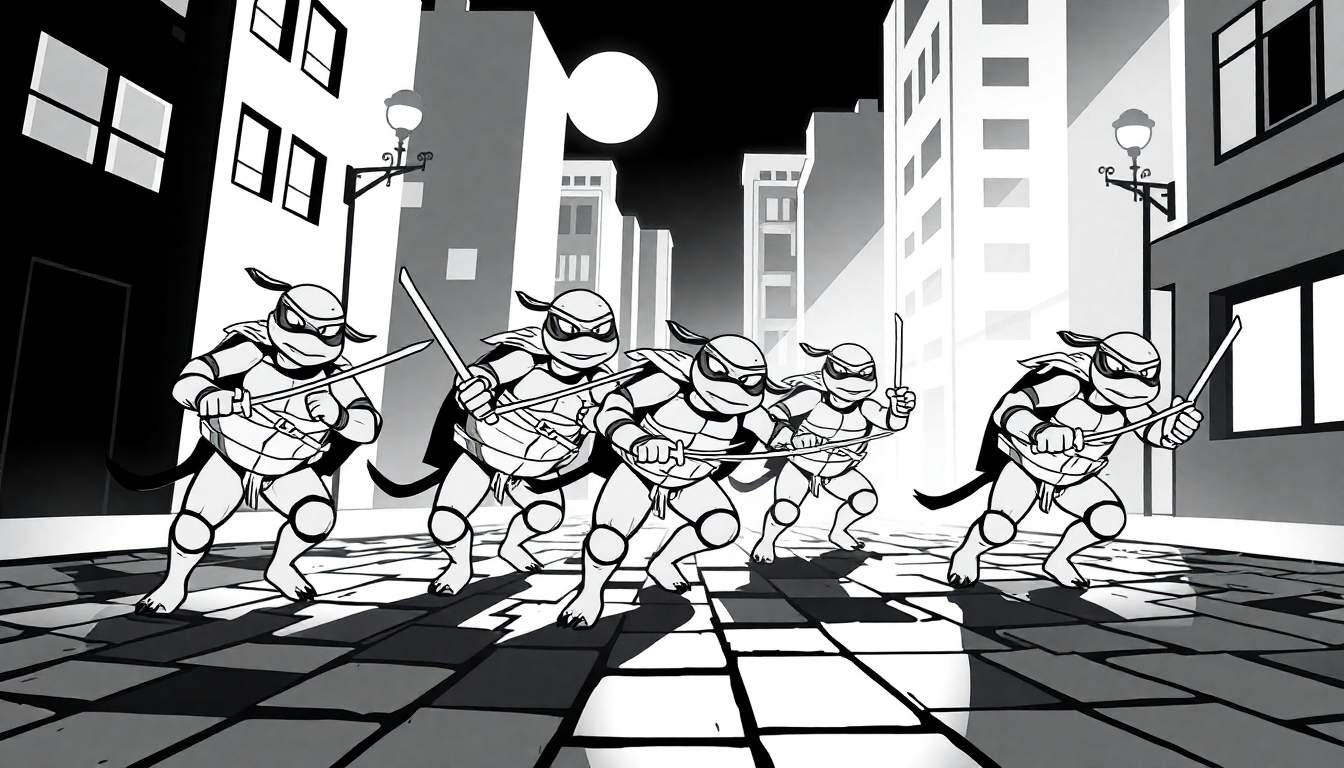 Page de coloriage : Les Tortues Ninja patrouillent dans la ville la nuit, une scène pleine de mystère et d'aventure pour les enfants.