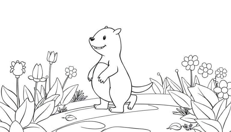 Loutre souriante dans un jardin, prête à être coloriée dans ce color panel.