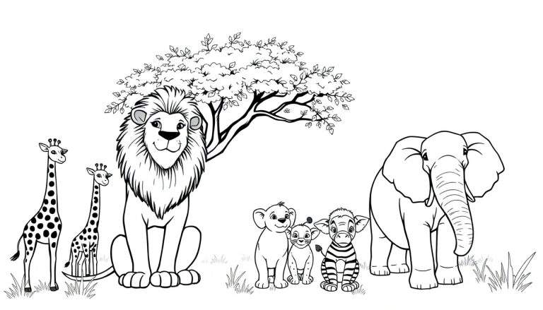 Color panel : une savane animée avec des animaux dessinés au trait.