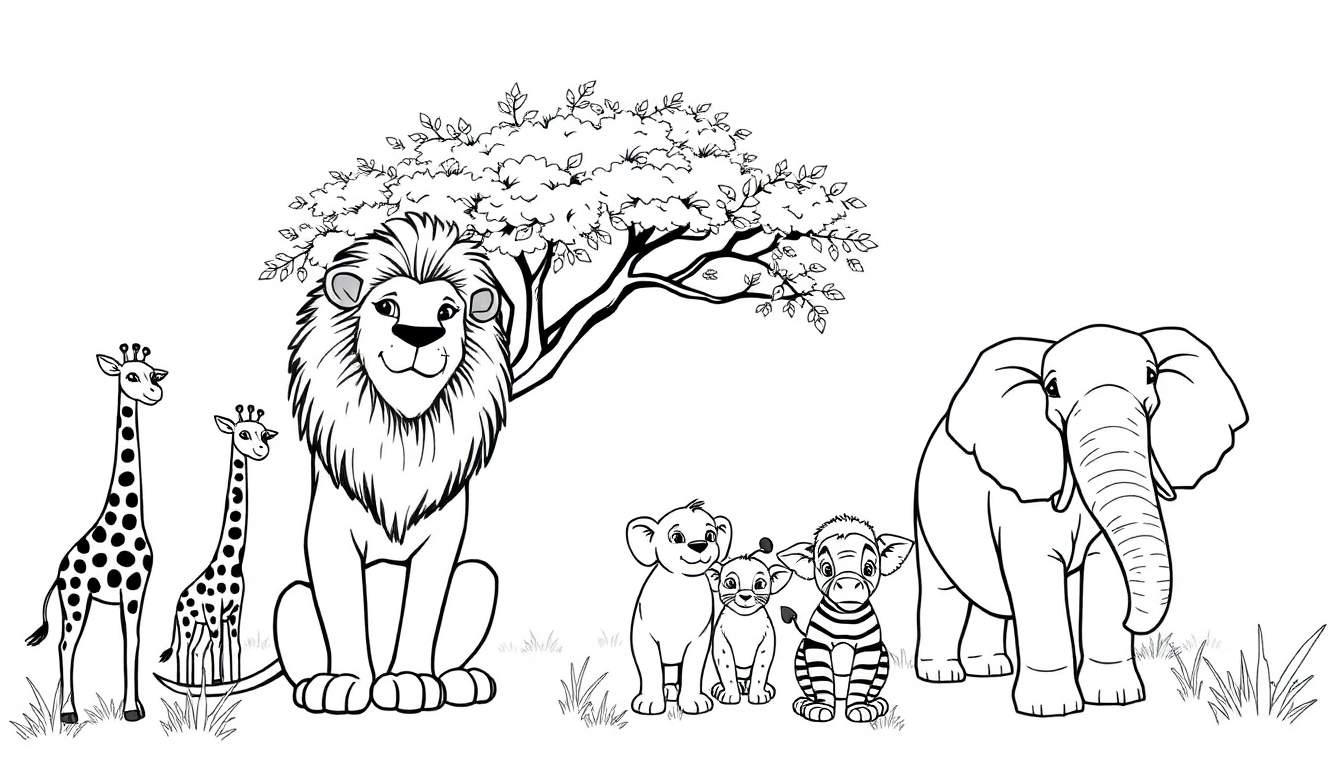 Color panel : une savane animée avec des animaux dessinés au trait.