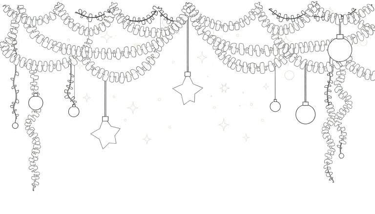 Guirlandes festives en noir et blanc avec des boules et des étoiles, prêtes à être colorées.