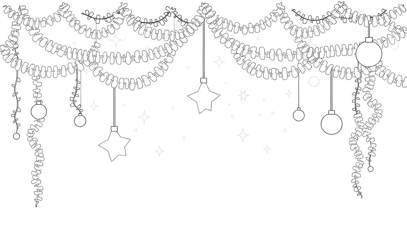 Guirlandes festives en noir et blanc avec des boules et des étoiles, prêtes à être colorées.