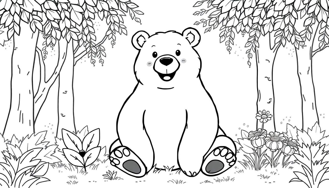 Un ours brun souriant dans une forêt, prêt pour un color panel.