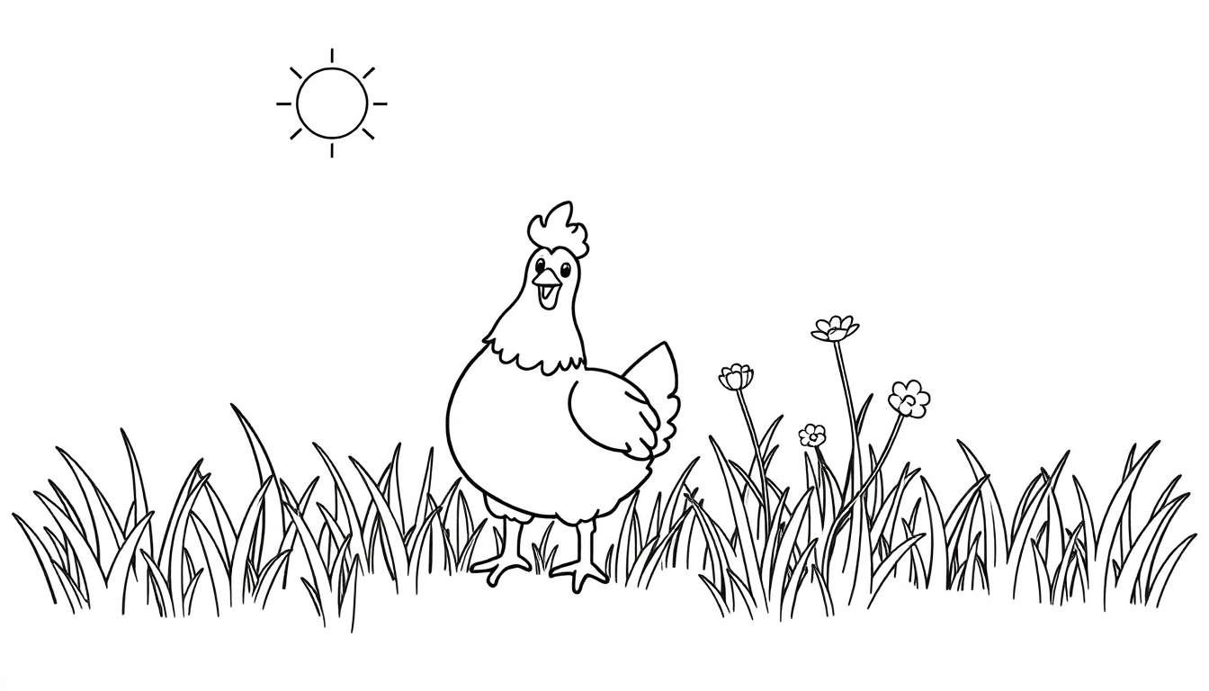 Page de coloriage : un poulet de dessin animé au milieu de l'herbe sous un soleil stylisé.