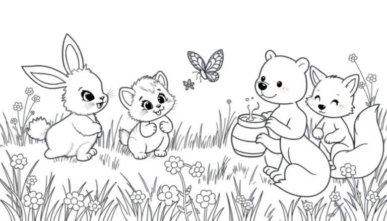 Un color panel d'animaux mignons dans un champ fleuri