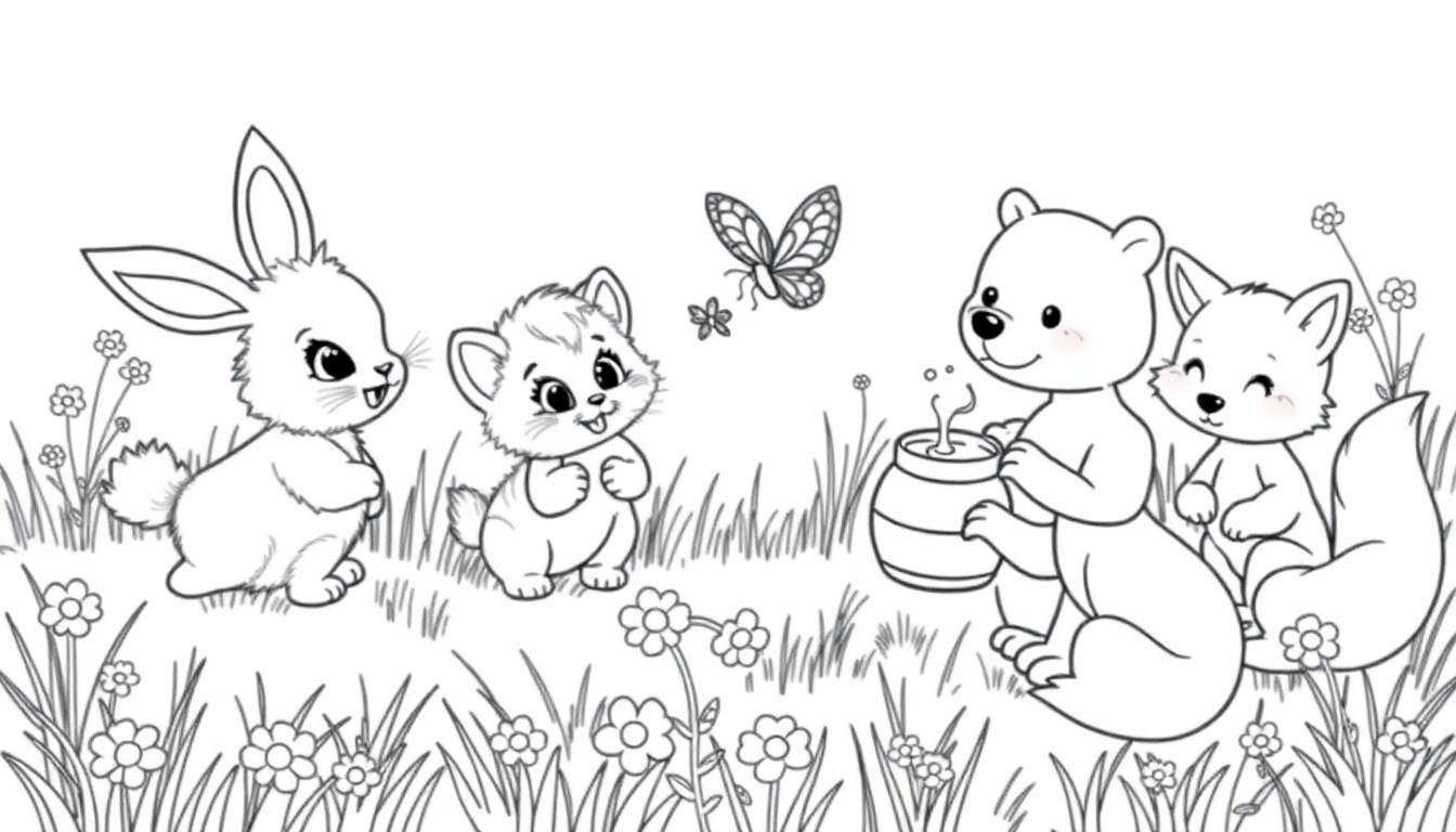 Un color panel d'animaux mignons dans un champ fleuri