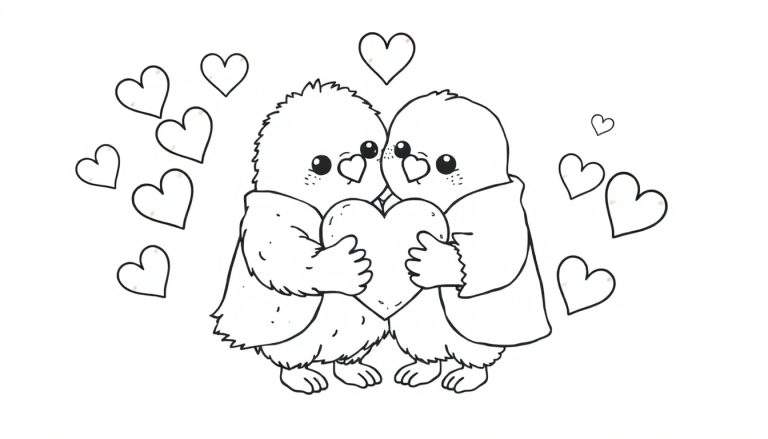 Deux jolis oiseaux tenant un cœur, entourés de cœurs. Un color panel joyeux pour la Saint-Valentin.