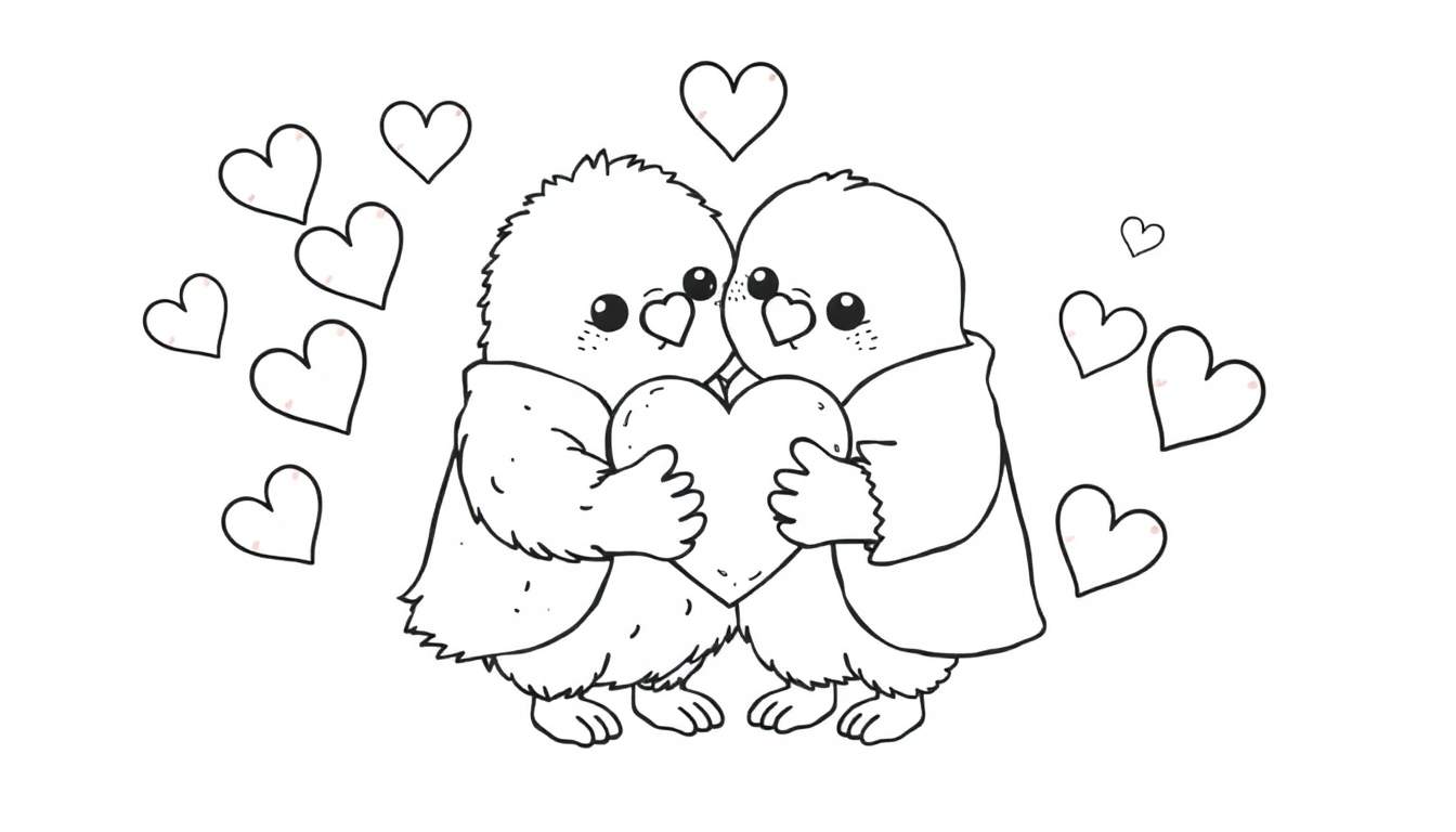 Deux jolis oiseaux tenant un cœur, entourés de cœurs. Un color panel joyeux pour la Saint-Valentin.