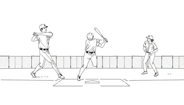 Illustration en noir et blanc d'une partie de baseball avec un lanceur, un frappeur et un receveur dans un color panel.