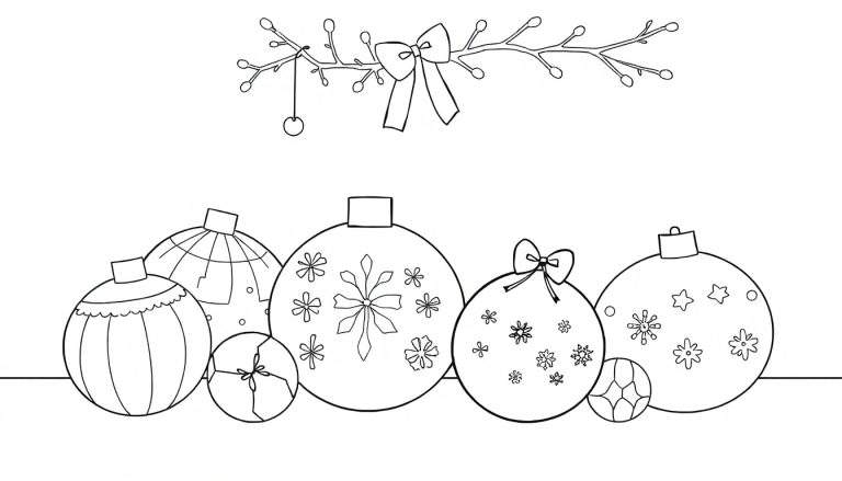 Illustration au trait de décorations de Noël, incluant des boules et une branche, un color panel pour coloriage.