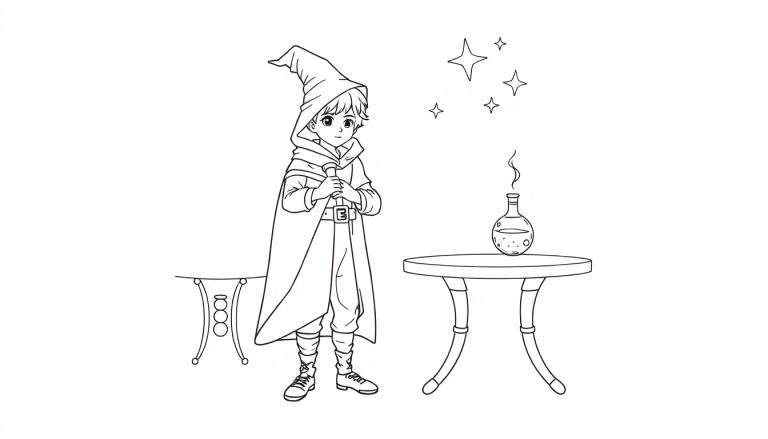 Un jeune garçon habillé en magicien, tenant une baguette, avec une potion fumante sur une table, dans un dessin au trait pour colorier. Ce color panel montre un apprenti magicien.