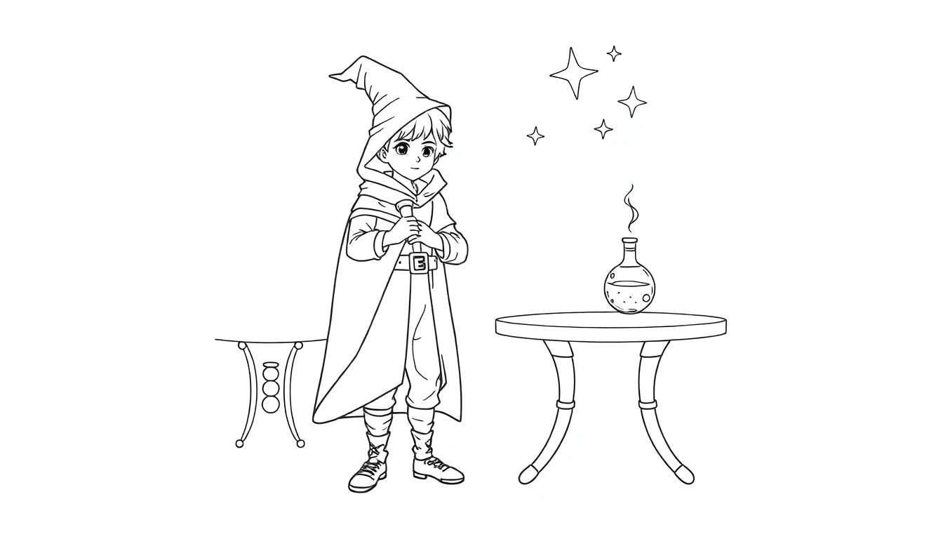Un jeune garçon habillé en magicien, tenant une baguette, avec une potion fumante sur une table, dans un dessin au trait pour colorier. Ce color panel montre un apprenti magicien.