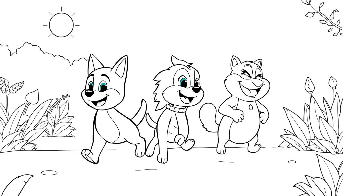 Color panel : Un chiot joyeux, un chien ou un renard souriant et un écureuil heureux se promènent dans un jardin ensoleillé.